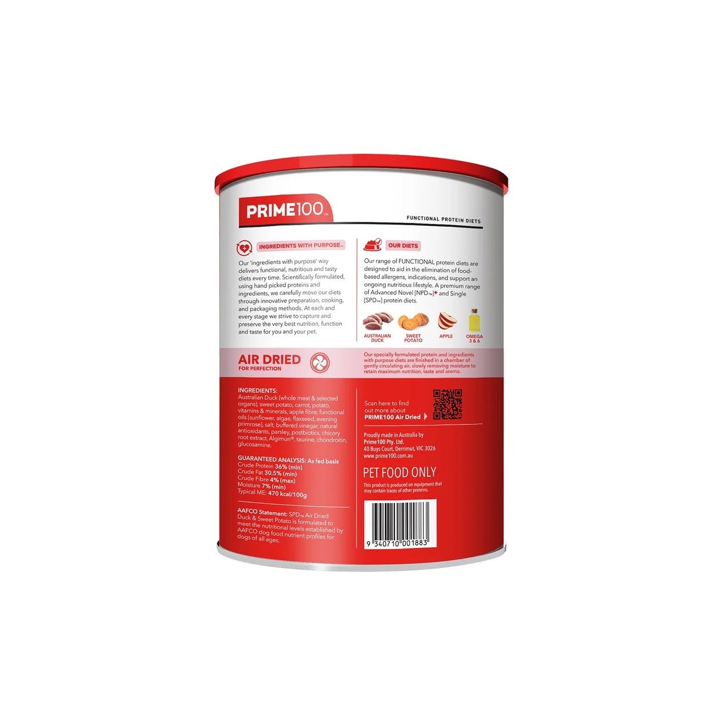 Prime100 SPD Air Dried Duck & Sweet Potato for Adult Dogs