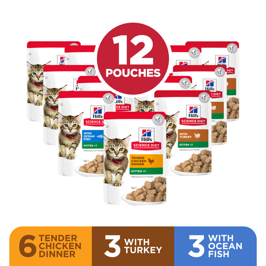 Hill's Science Diet Kitten Variety 12 Pack (6 Chicken, 3 Turkey & 3 Ocean Fish) Cat Food Pouches