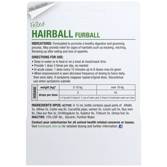 HomeoPet Feline Hairball Furball Natural Liquid Supplement 15mL