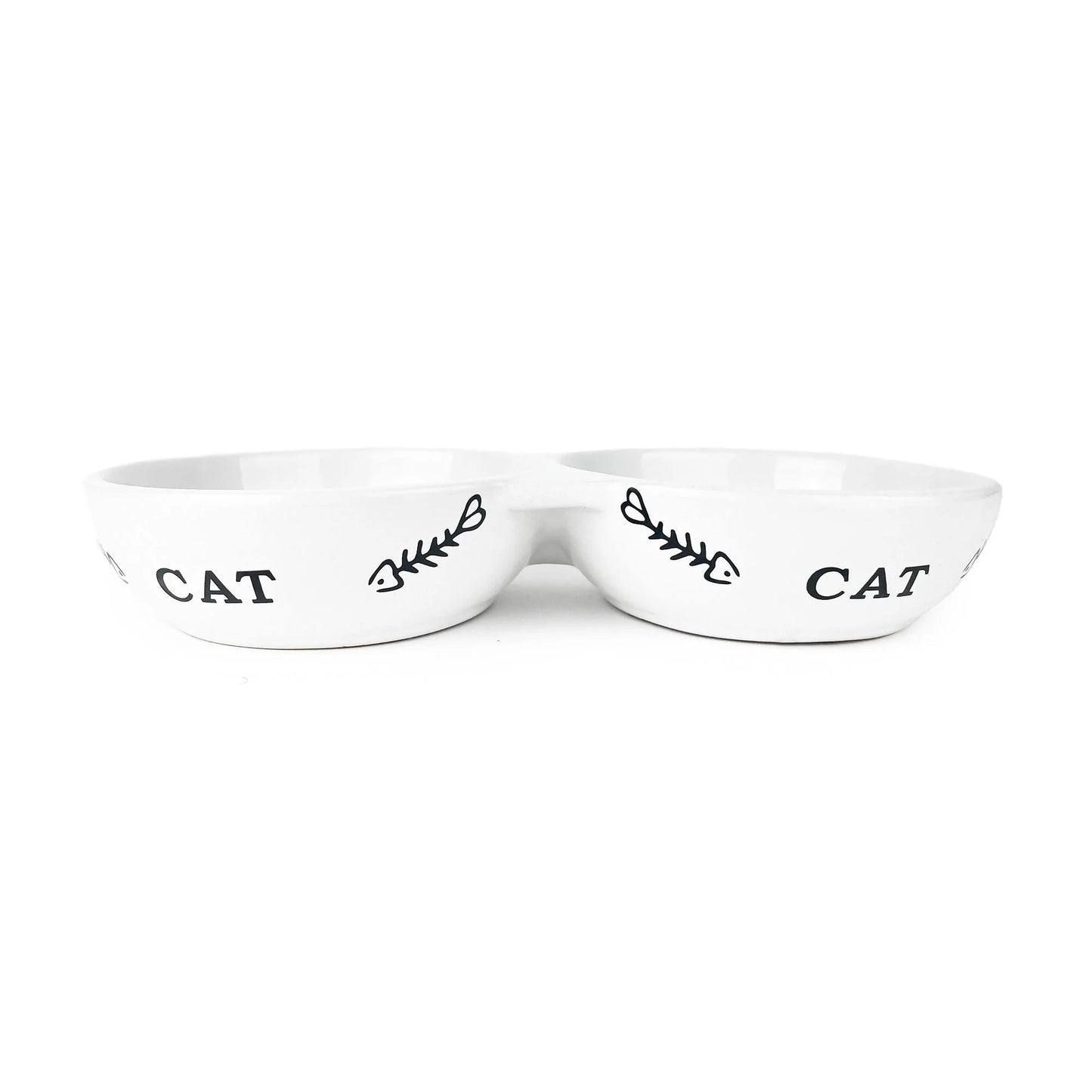 Cattitude Cat Bowl Ceramic Double Fishbone White