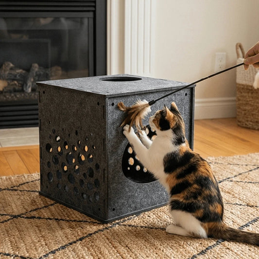 Cat playing with a toy attached to a cat tree in a home setting.