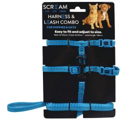 Scream Reflective Harness & Leash Combo for Puppies & Cats Loud Blue