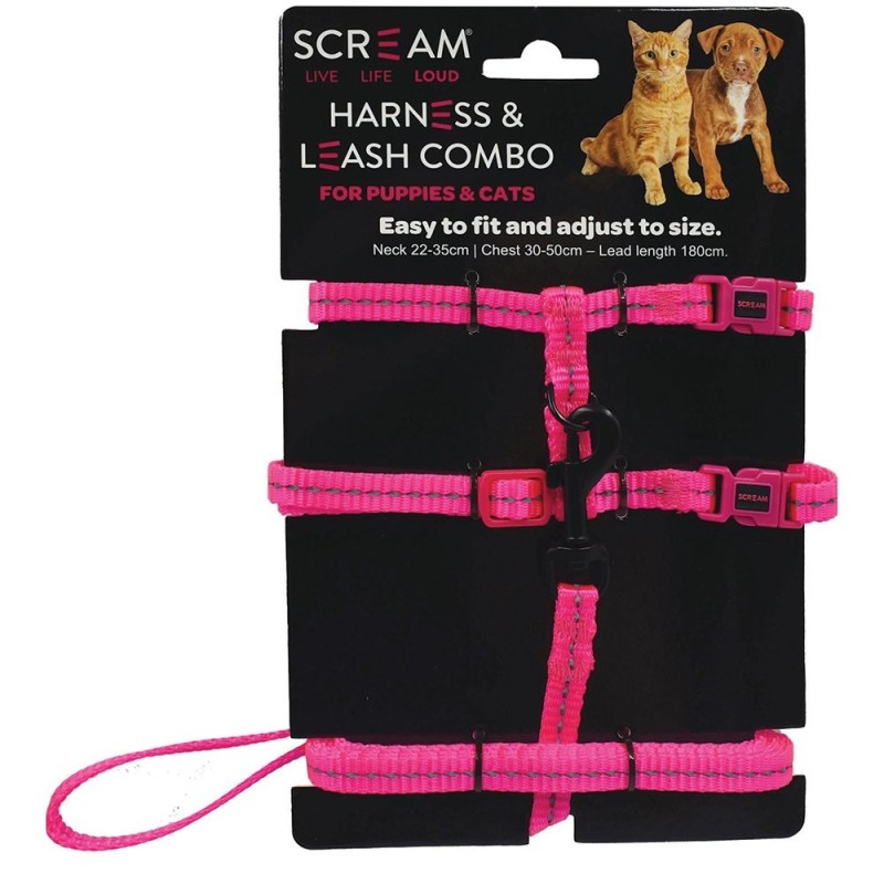 Scream Reflective Harness & Leash Combo for Puppies & Cats Loud Pink