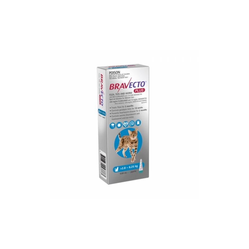 Bravecto Plus For Cats Blue 2.8 - 6.25kg Flea, Tick and Worm Treatment 1 Pipette Pack