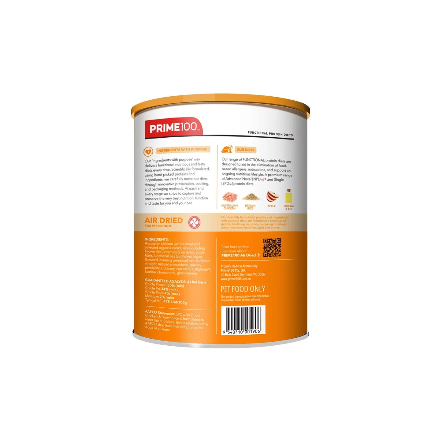Prime100 SPD Air Dried Chicken & Brown Rice for Adult Dogs