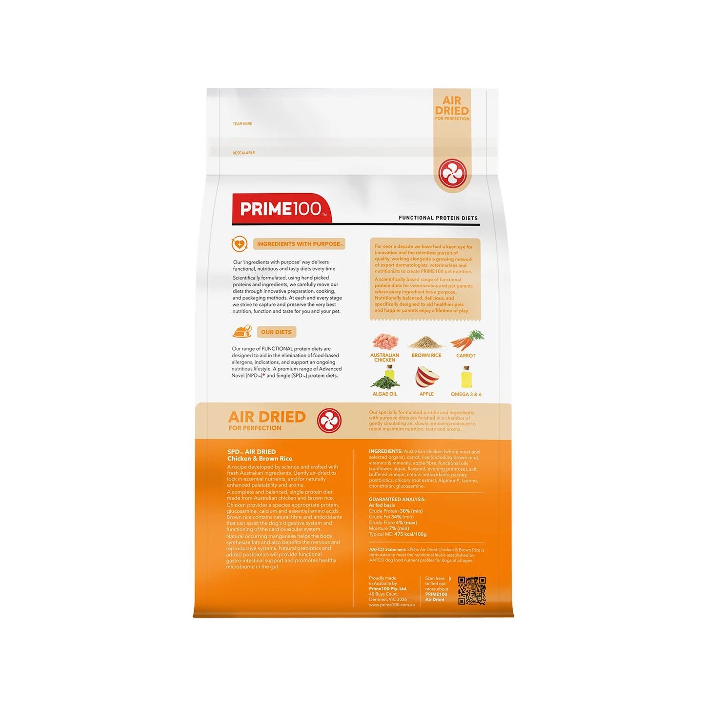 Prime100 SPD Air Dried Chicken & Brown Rice for Adult Dogs