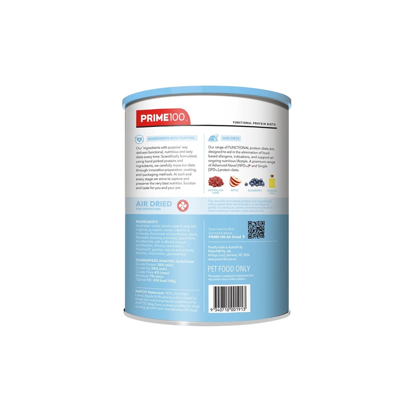 Prime100 SPD Air Dried Lamb, Apple & Blueberry for Puppies