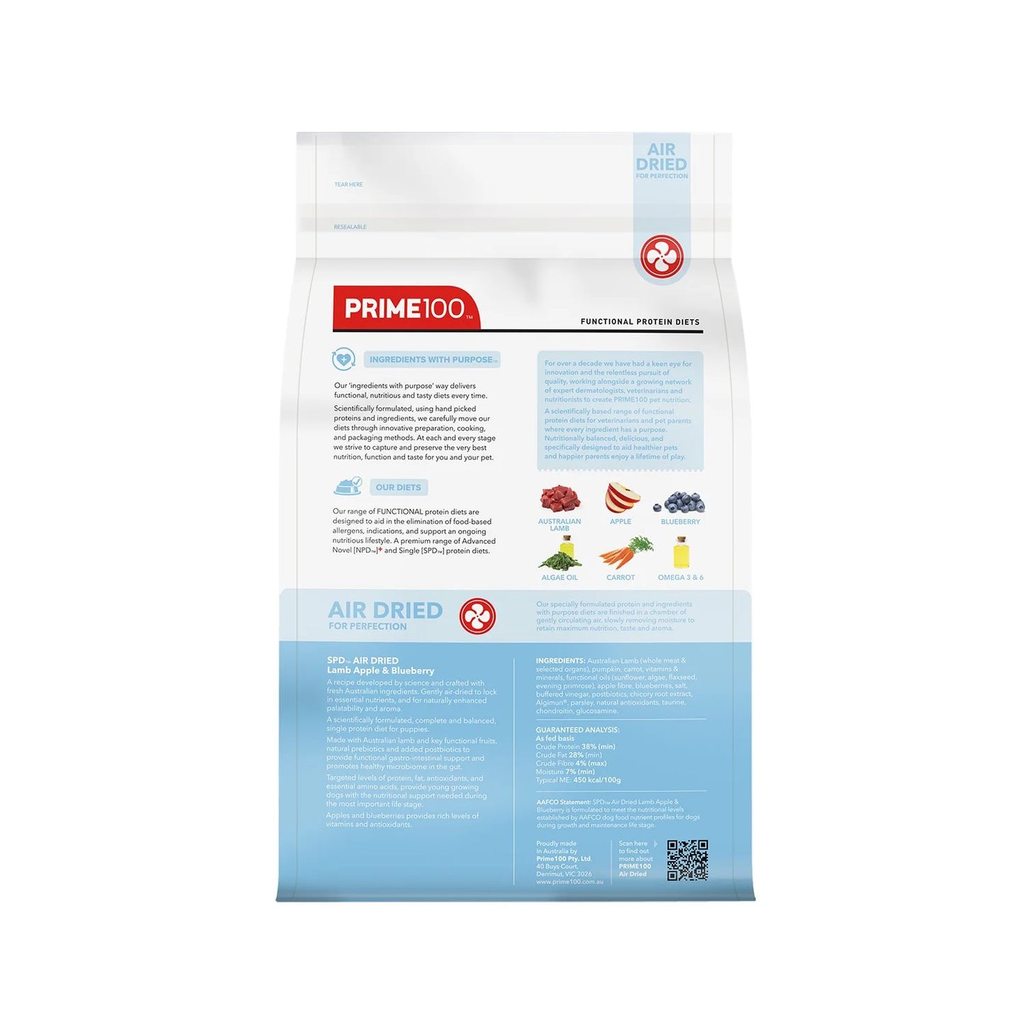 Prime100 SPD Air Dried Lamb, Apple & Blueberry for Puppies