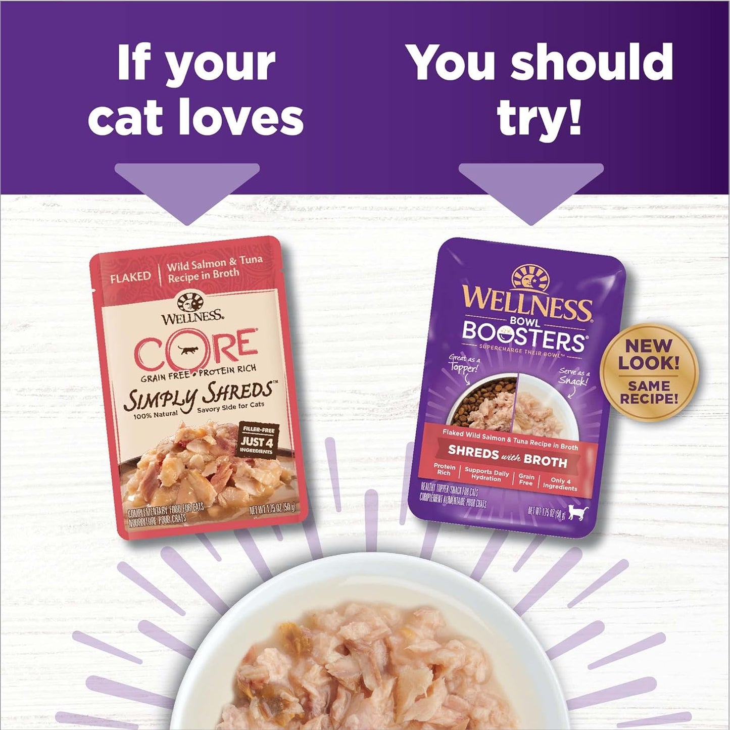Wellness Bowl Boosters Shreds with Broth Flaked Wild Salmon & Tuna Recipe in Broth