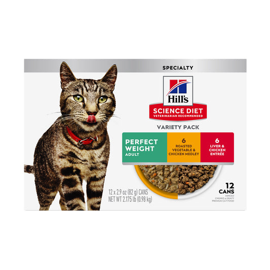 Hill's Science Diet Perfect Weight Variety Pack (6 Vegetable & Chicken, 6 Chicken & Liver) Canned Wet Cat Food Cans