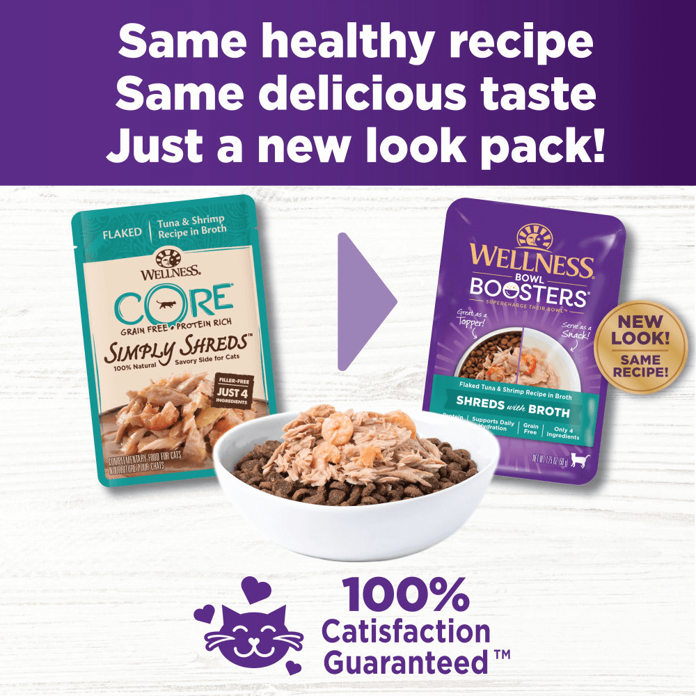 Wellness Bowl Boosters Shreds with Broth Flaked Tuna & Shrimp Recipe in Broth