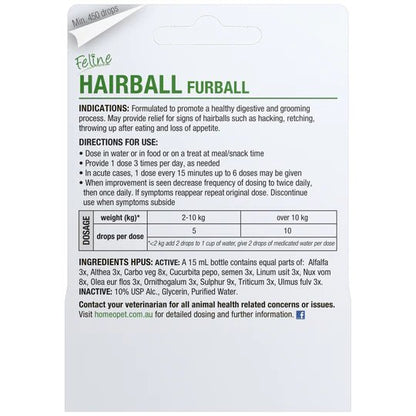 HomeoPet Feline Hairball Furball Natural Liquid Supplement 15mL