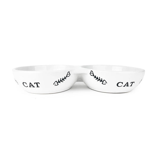 Cattitude Cat Bowl Ceramic Double Fishbone White