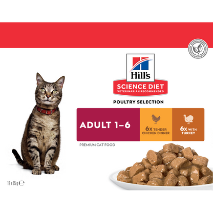 Hill's Science Diet Adult Poultry Selection Variety Pack (6 Chicken & 6 Turkey) Wet Cat Food Pouches 12x85g