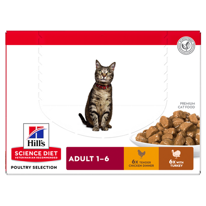 Hill's Science Diet Adult Poultry Selection Variety Pack (6 Chicken & 6 Turkey) Wet Cat Food Pouches 12x85g