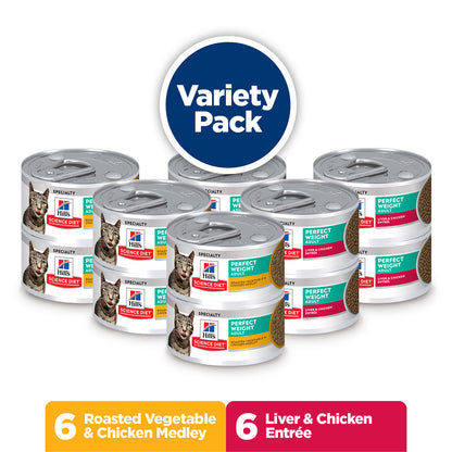 Hill's Science Diet Perfect Weight Variety Pack (6 Vegetable & Chicken, 6 Chicken & Liver) Canned Wet Cat Food Cans