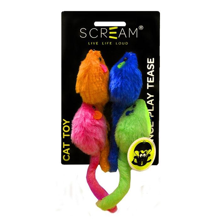 Scream MULTI-COLOURED MICE CAT TOY 4pk