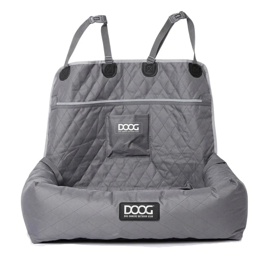 A gray quilted dog car seat cover with shoulder straps and a front pocket, shown on a white background. The brand DOOG is visible on the front patch.