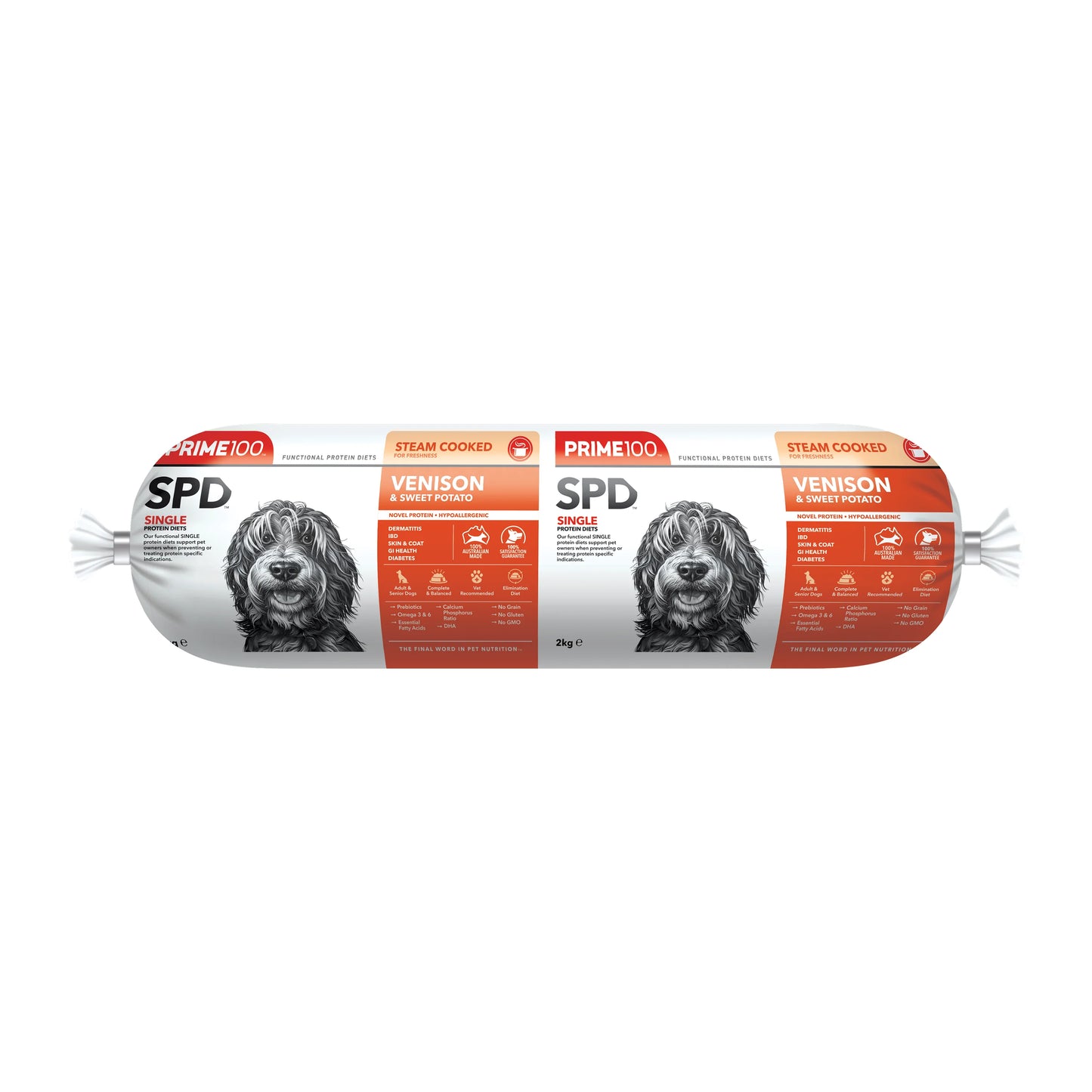 Prime100 SPD Venison & Sweet Potato Dog Food Roll 2kg