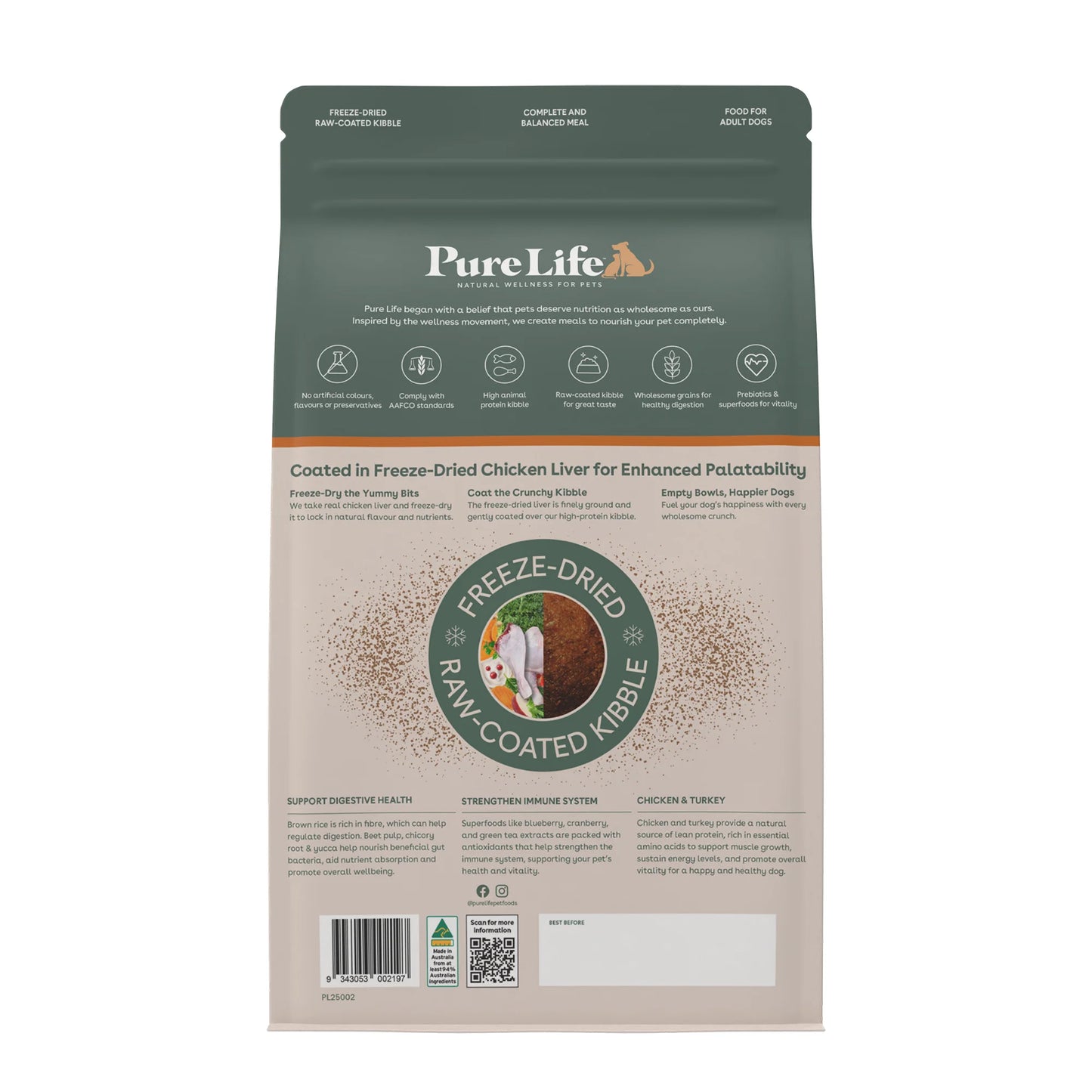 Pure Life Freeze-Dried Raw-Coated Kibble Chicken & Turkey for Dogs 2.5kg
