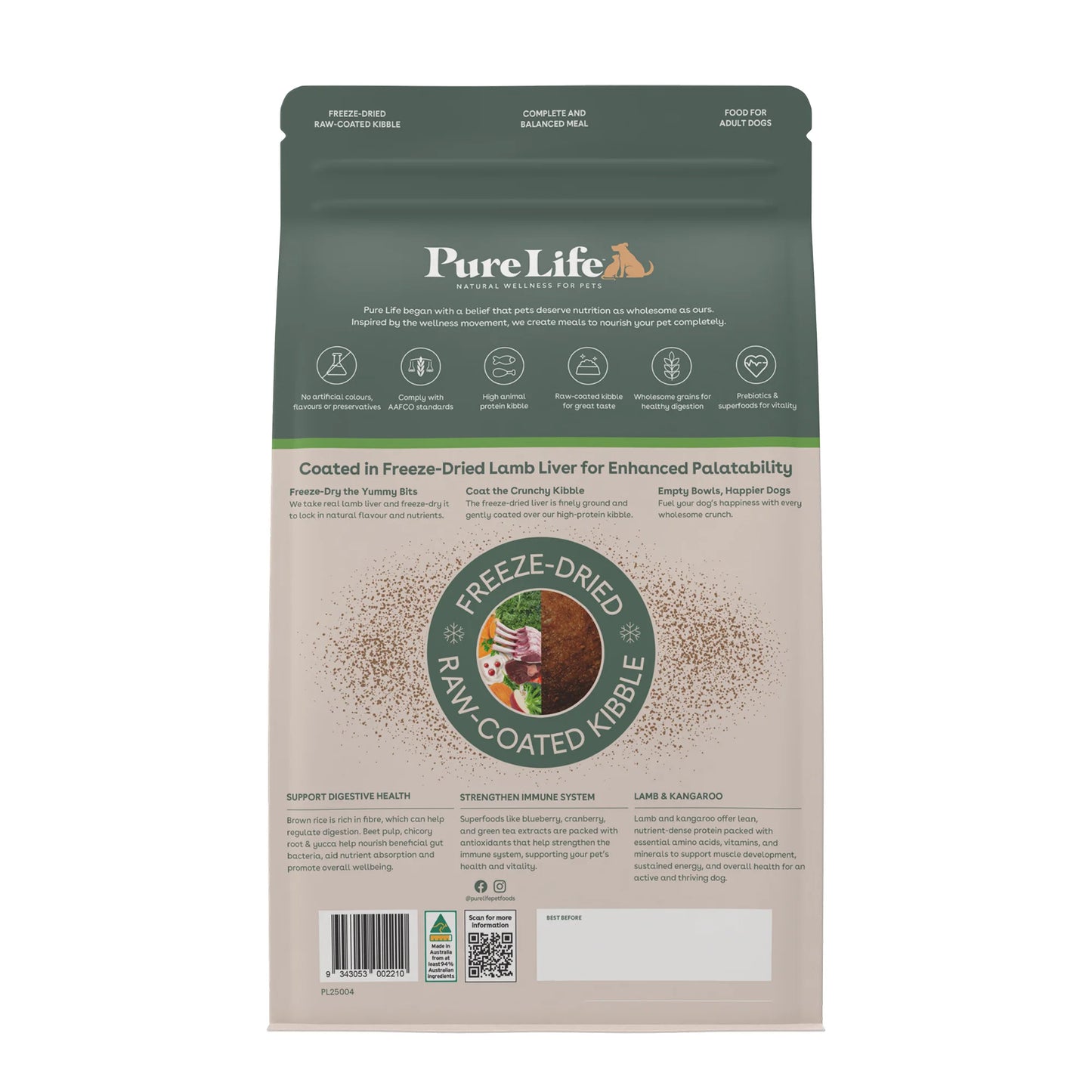 Pure Life Freeze-Dried Raw-Coated Kibble Lamb & Kangaroo for Adult Dogs 2.5kg