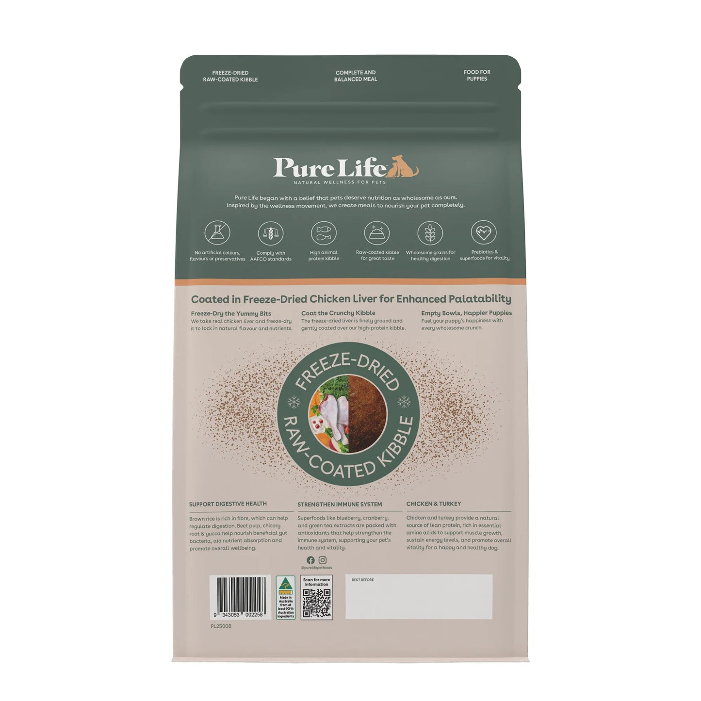 Pure Life Freeze-Dried Raw-Coated Kibble Chicken & Turkey for Puppies 2.5kg