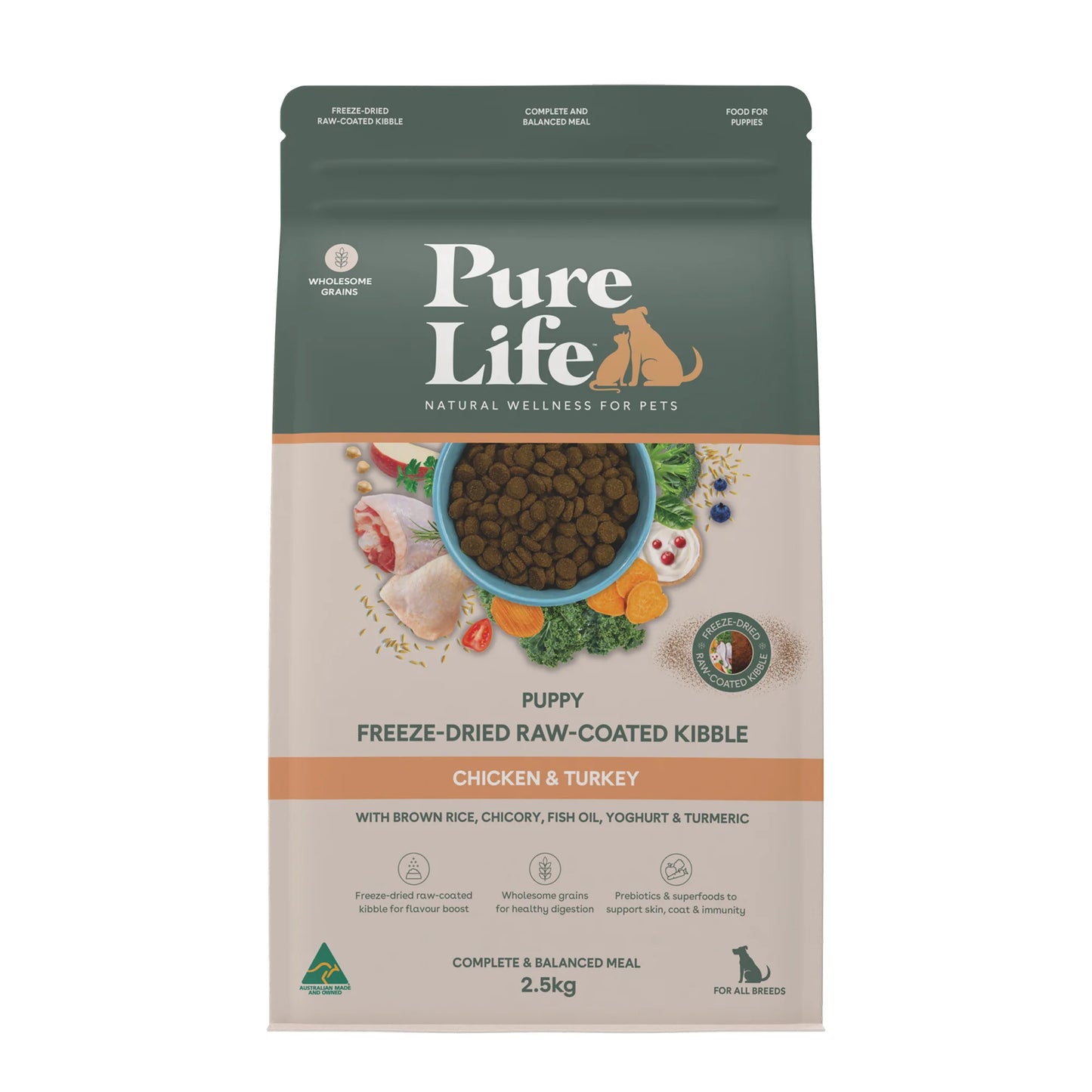 Pure Life Freeze-Dried Raw-Coated Kibble Chicken & Turkey for Puppies 2.5kg