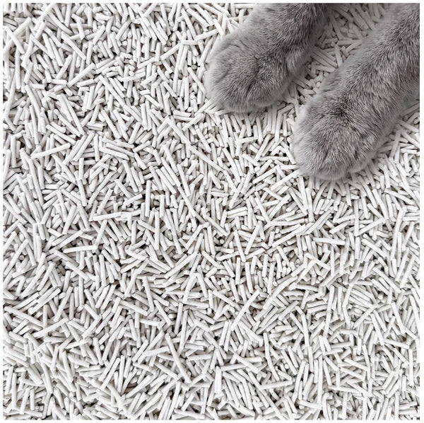 White cat litter pellets covering the entire frame, with a cat's paws visible in the top-right corner.