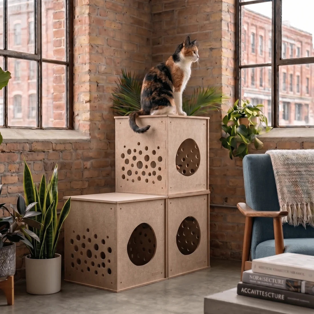 A calico cat sits atop a stack of three light wood cat houses with circular ventilation holes, placed in a bright room with brick walls, large windows, potted plants, and a blue armchair.