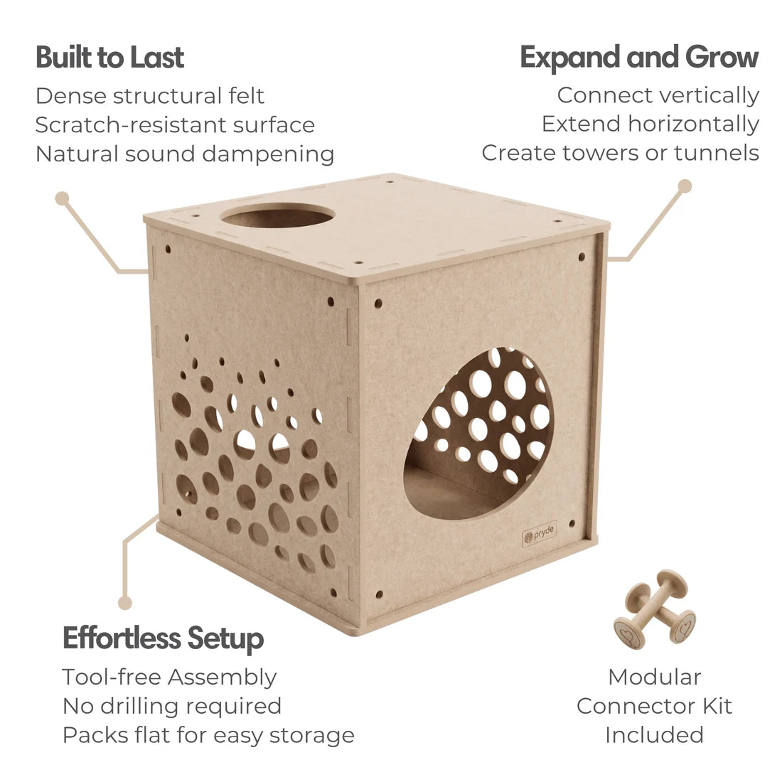 A beige felt and wood modular cat enclosure shown on a white background with callout text describing features like built-to-last dense felt, expand and grow, effortless setup, and a modular connector kit included.