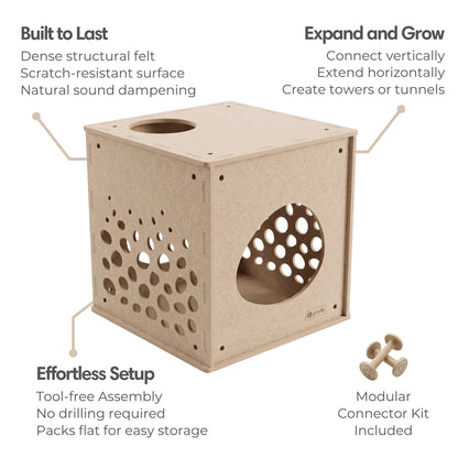 A beige felt and wood modular cat enclosure shown on a white background with callout text describing features like built-to-last dense felt, expand and grow, effortless setup, and a modular connector kit included.
