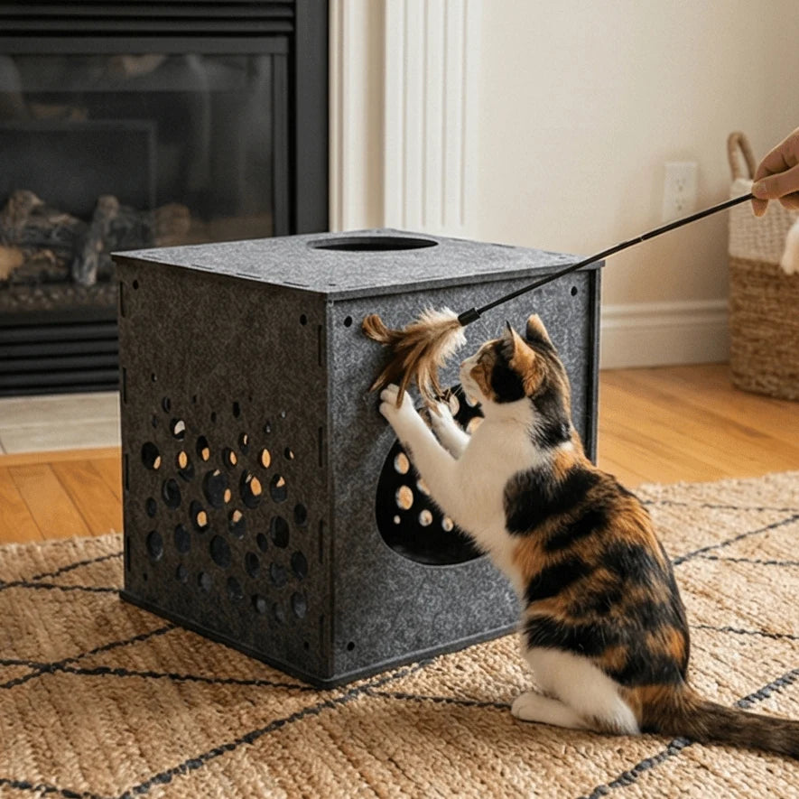 Cat playing with a toy attached to a cat tree in a home setting.