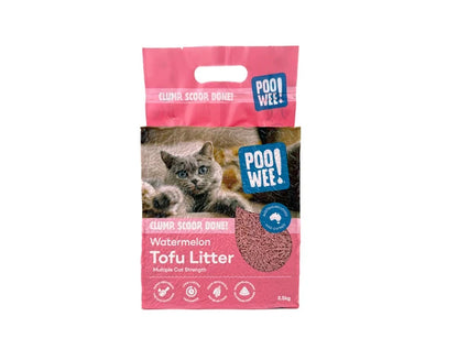 A 2.5kg bag of Poo Wee Watermelon Tofu Litter for cats, featuring a pink and blue package design with a photo of a cat on the front.